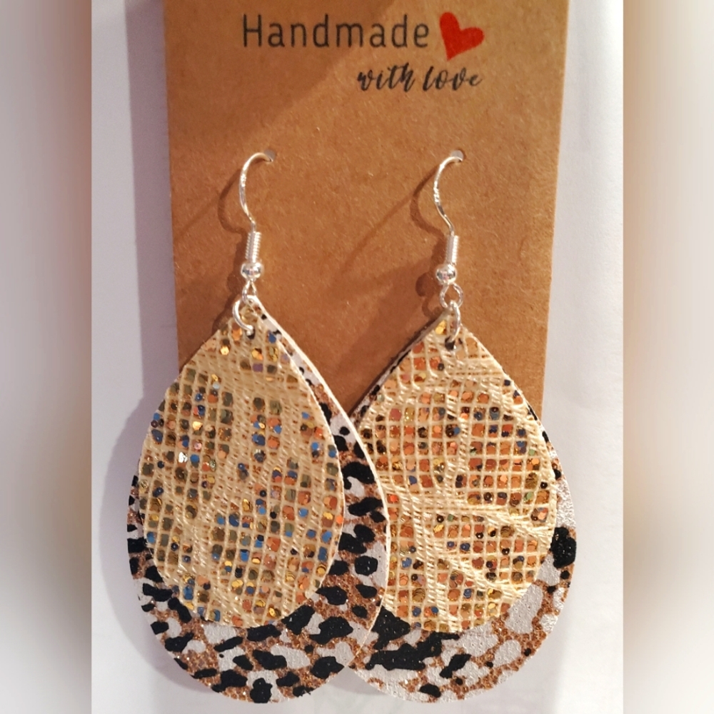 Glitter Cheetah Faux Leather Sterling Silver Earrings